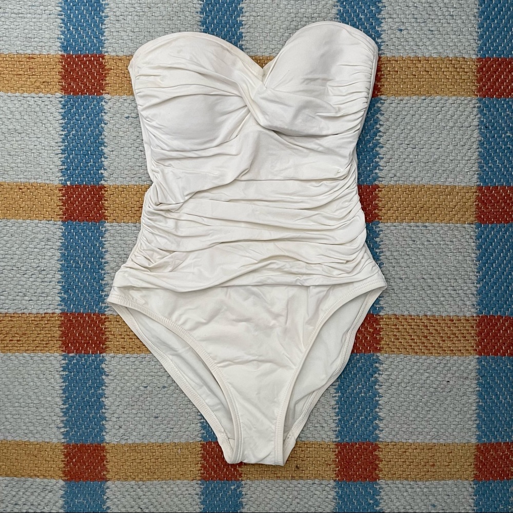 La Blanca White One Piece Strapless Halter Ruched